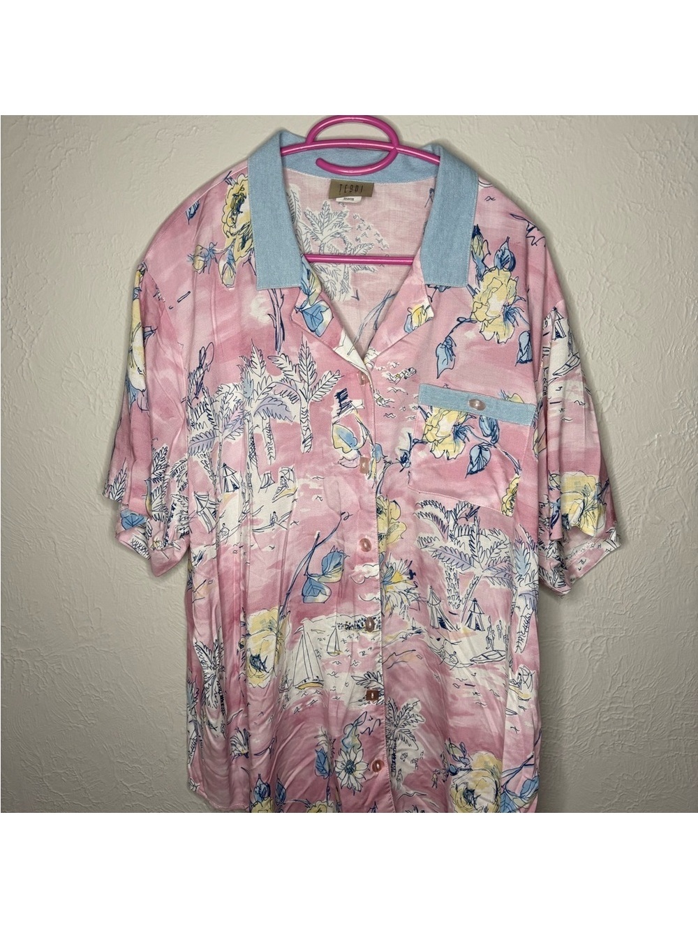 Vintage 90s Teddi Women's Designs Pink/Denim Hawaiian Style Shirt 2XL